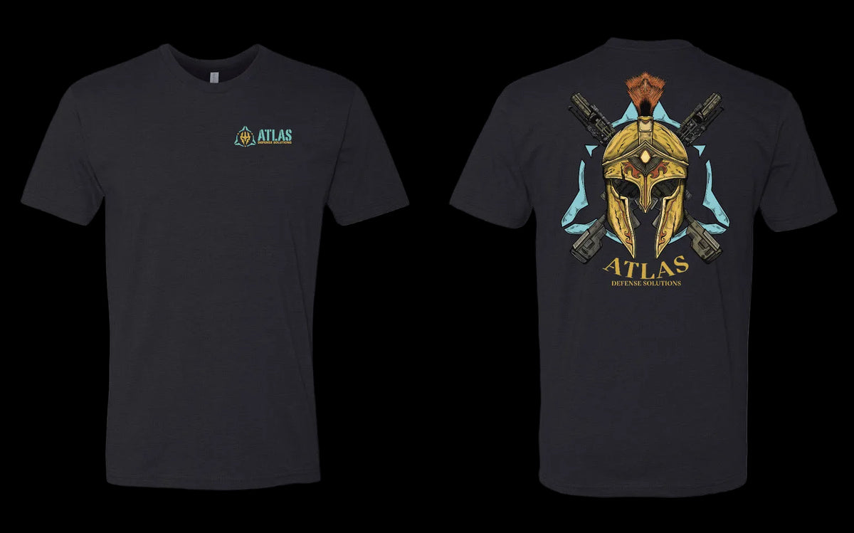 Black short-sleeve t-shirt shown from the front and back. The front features a small teal and gold 'ATLAS' logo on the left chest.