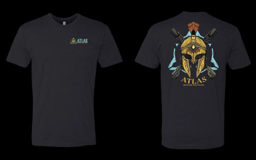 Black short-sleeve t-shirt shown from the front and back. The front features a small teal and gold 'ATLAS' logo on the left chest.