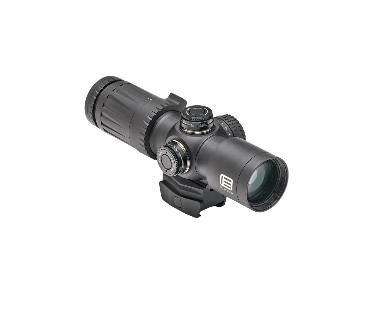 A black tactical rifle scope with a mounted base, shown at an angle on a clean white background with a soft shadow.